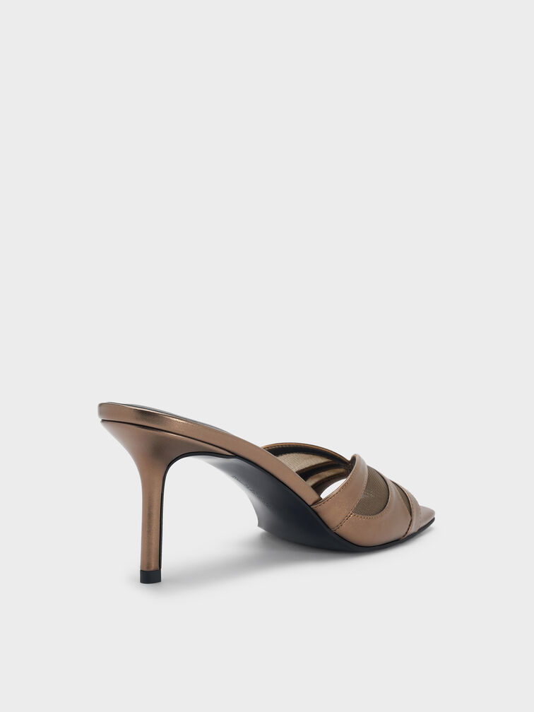 Metallic Mesh Heeled Mules, Bronze, hi-res