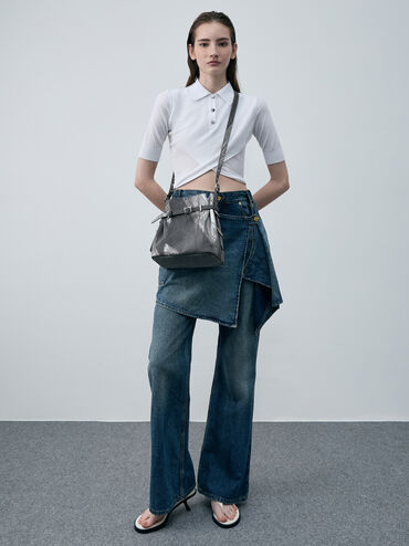 Bryna Brushed Denim Belted Bucket Bag, Silver Brushed Denim, hi-res