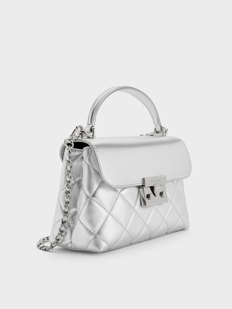 Alva Metallic Quilted Top Handle Bag, Silver, hi-res
