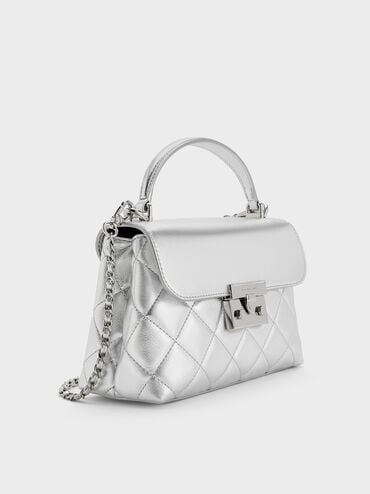 Alva Metallic Quilted Top Handle Bag, Silver, hi-res