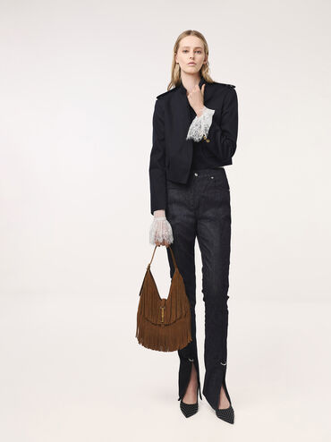 Cesia Recycled Suede Fringed Hobo Bag, Sienna Brown, hi-res