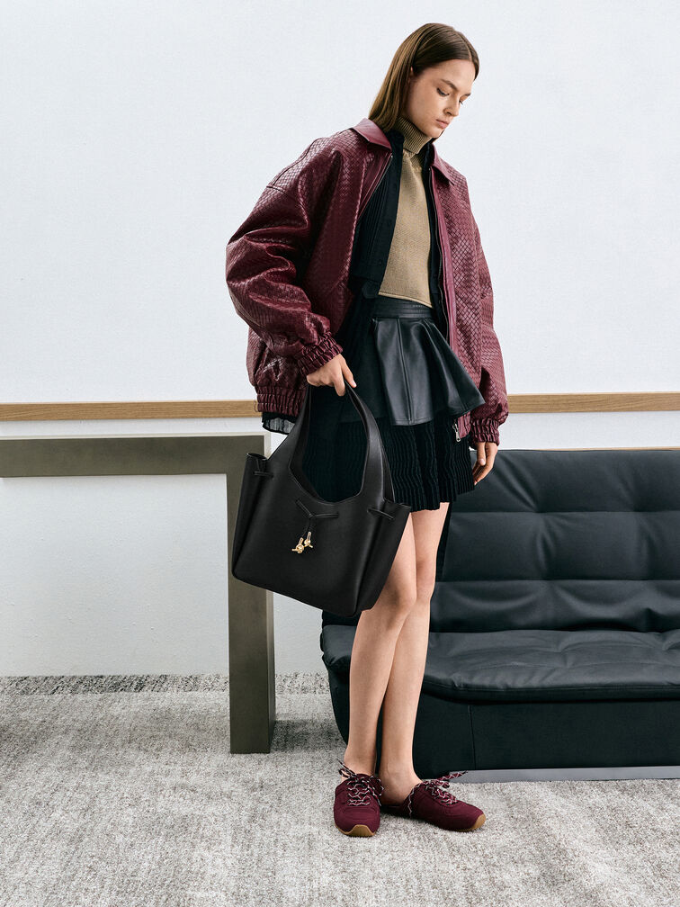 Mila Metallic-Knot Drawstring Tote Bag, Black, hi-res