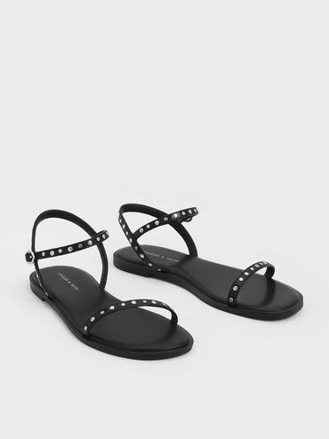 Studded Open-Toe Sandals, Black, hi-res