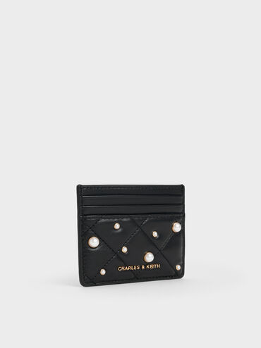 Janie Pearl-Embellished Quilted Card Holder, Black, hi-res