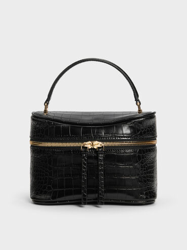 Pansy Croc-Effect Vanity Bag, Black, hi-res