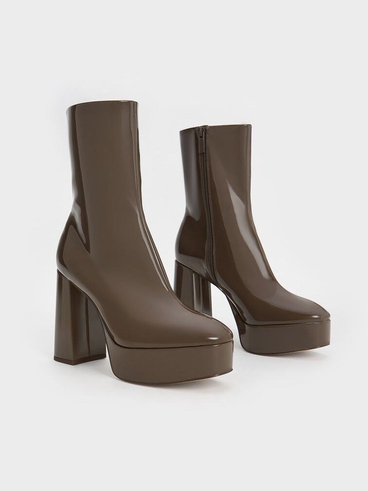 Patent Platform Side-Zip Ankle Boots, Brown, hi-res