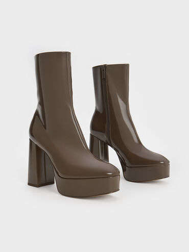 Patent Platform Side-Zip Ankle Boots, Brown, hi-res