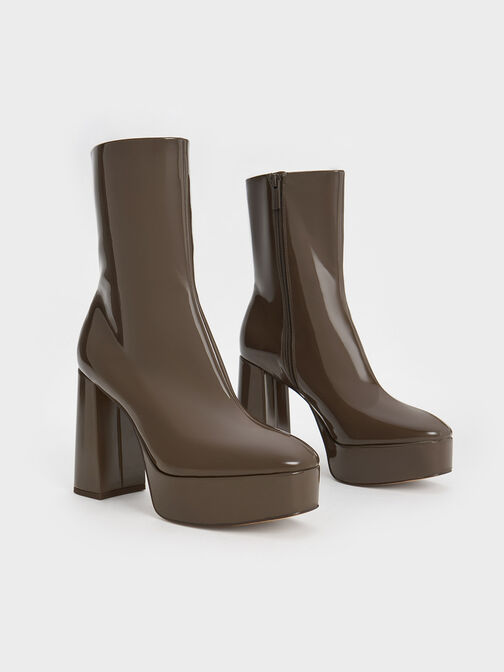 Patent Platform Side-Zip Ankle Boots, Brown, hi-res