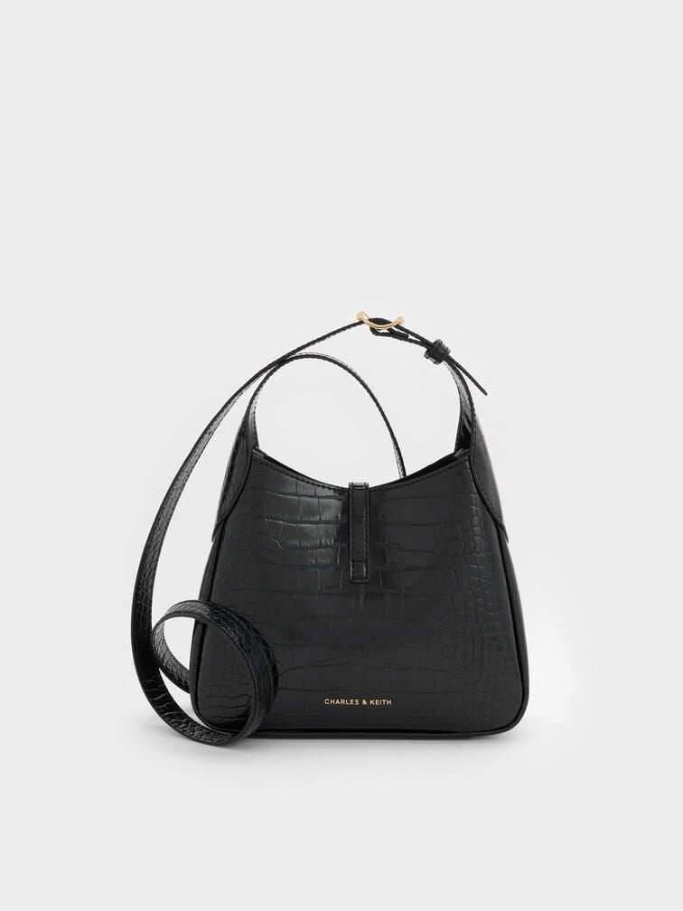 Mini Adalyn Croc-Effect Metallic-Buckle Belted Hobo Bag, Black Croco, hi-res
