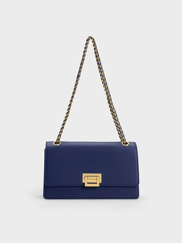 Metallic Accent Front Flap Bag, Navy, hi-res