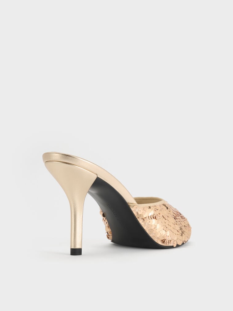 Sequinned Stiletto-Heel Mules, Gold, hi-res