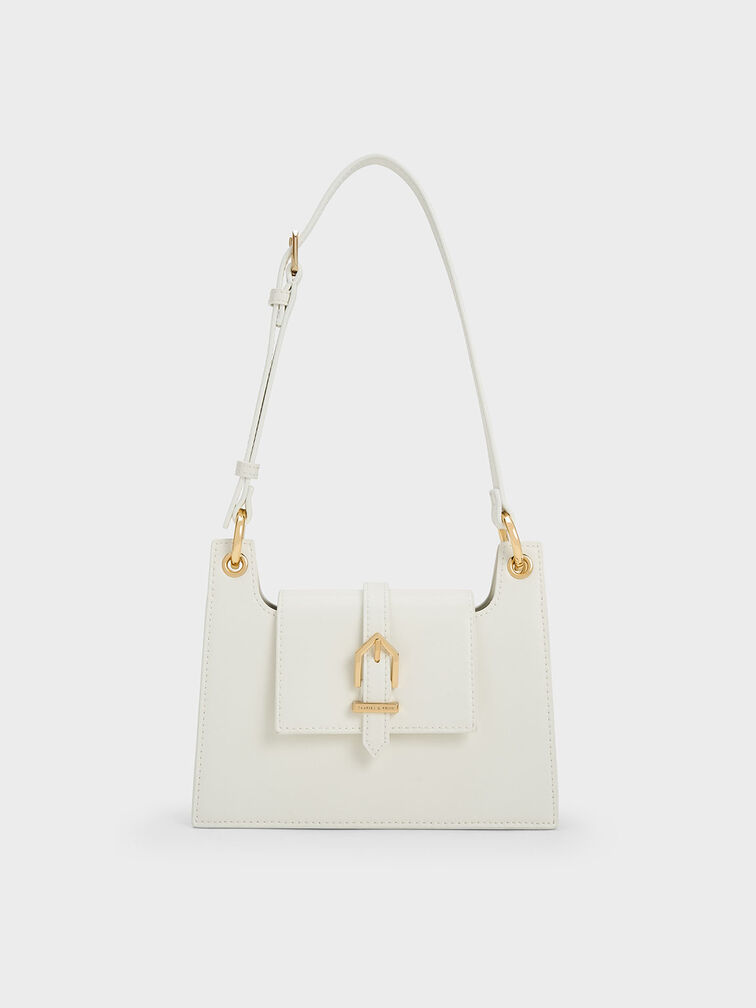 Belted Front Flap Shoulder Bag, White, hi-res