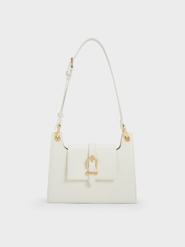 Belted Front Flap Shoulder Bag, White, hi-res