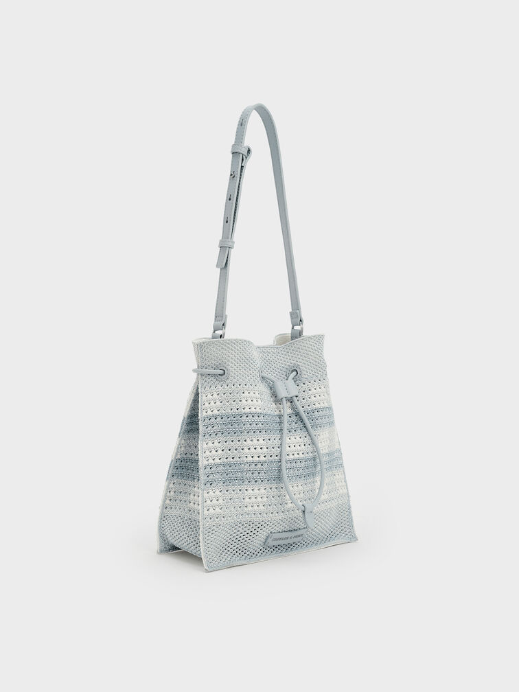 Ida Checkered Knitted Bucket Bag, Sea Salt Blue, hi-res
