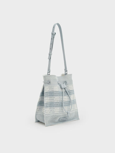 Ida Checkered Knitted Bucket Bag, Sea Salt Blue, hi-res