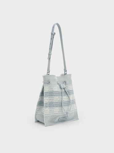 Ida Checkered Knitted Bucket Bag, Sea Salt Blue, hi-res