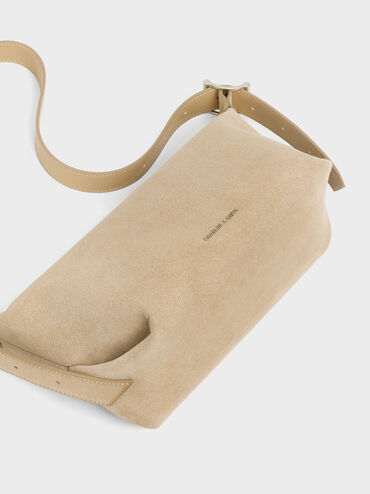 Larsen Recycled Suede Buckle-Strap Slouchy Shoulder Bag, Nutmeg Beige, hi-res