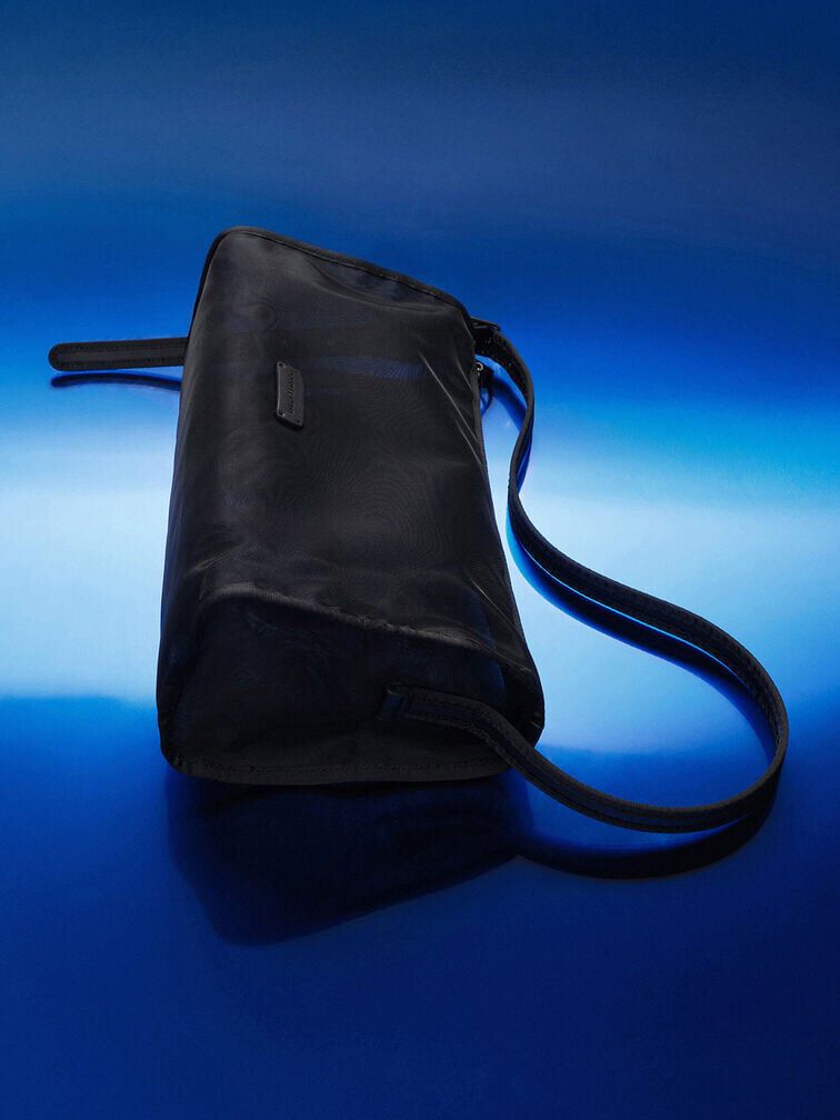 Mesh Elongated Shoulder Bag, Jet Black, hi-res