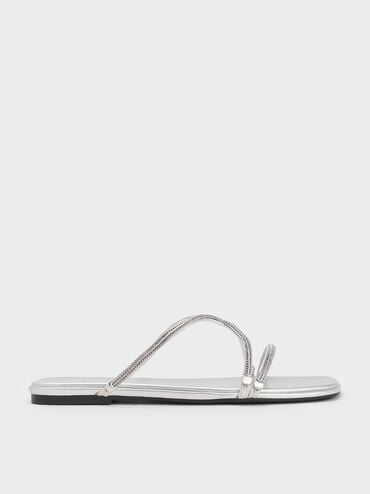Metallic Braided Strappy Sandals, Silver, hi-res