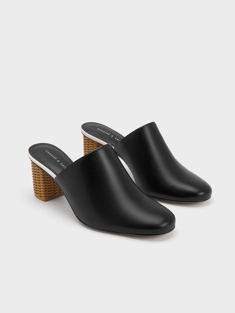 Rattan Block Heel Mules, Black, hi-res