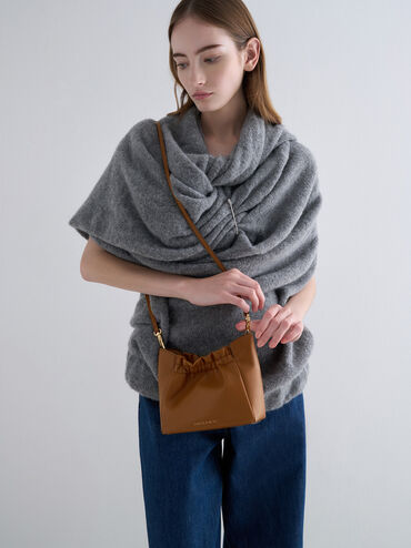 Brigette Ruched Chain-Handle Shoulder Bag, Brown, hi-res