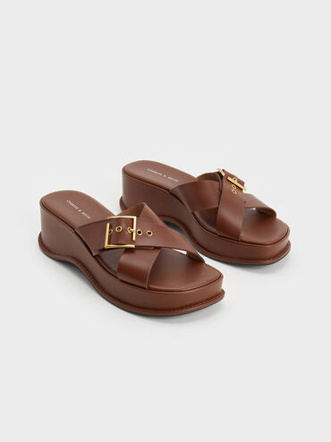 Buckled Crossover Curved Platform Sandals, Cognac, hi-res
