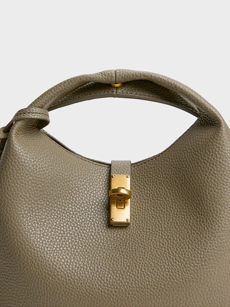 Chance Recycled Leather Turn-Lock Bucket Bag, Deep Olive, hi-res