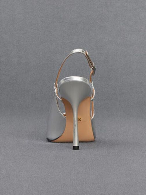 Metallic Leather Pointed-Toe Slingback Pumps, Silver, hi-res