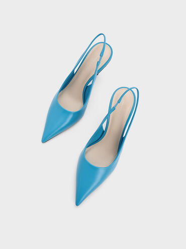 Cylindrical Metallic Heel Slingback Pumps, Blue, hi-res