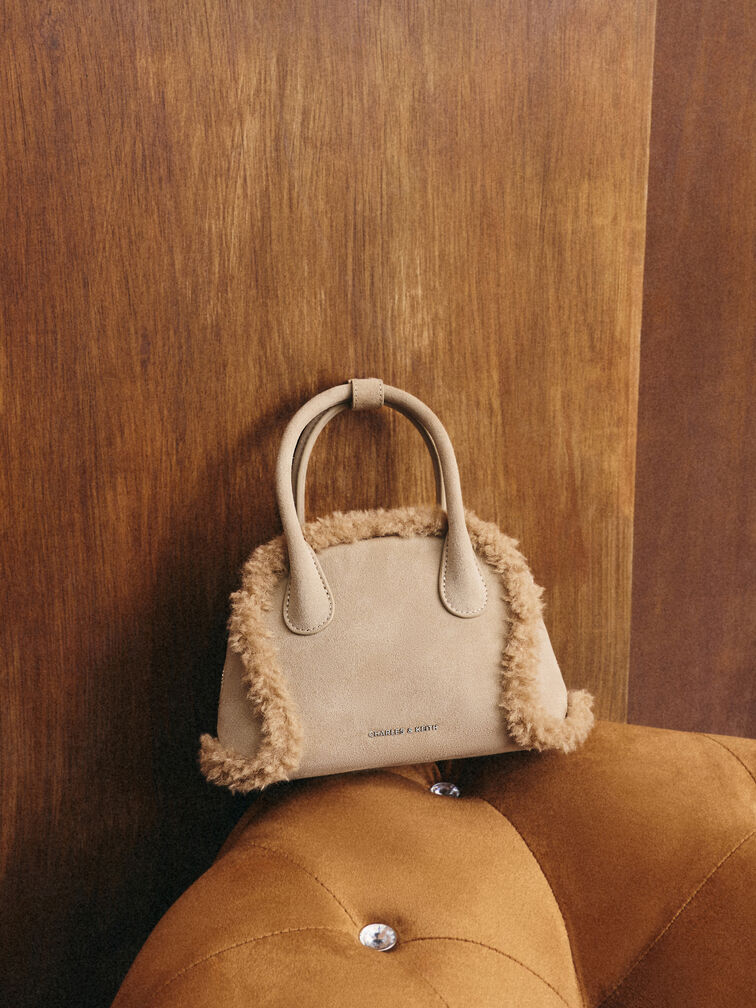 Nelly Recycled Suede & Faux Shearling Bowling Bag, Nutmeg Beige, hi-res