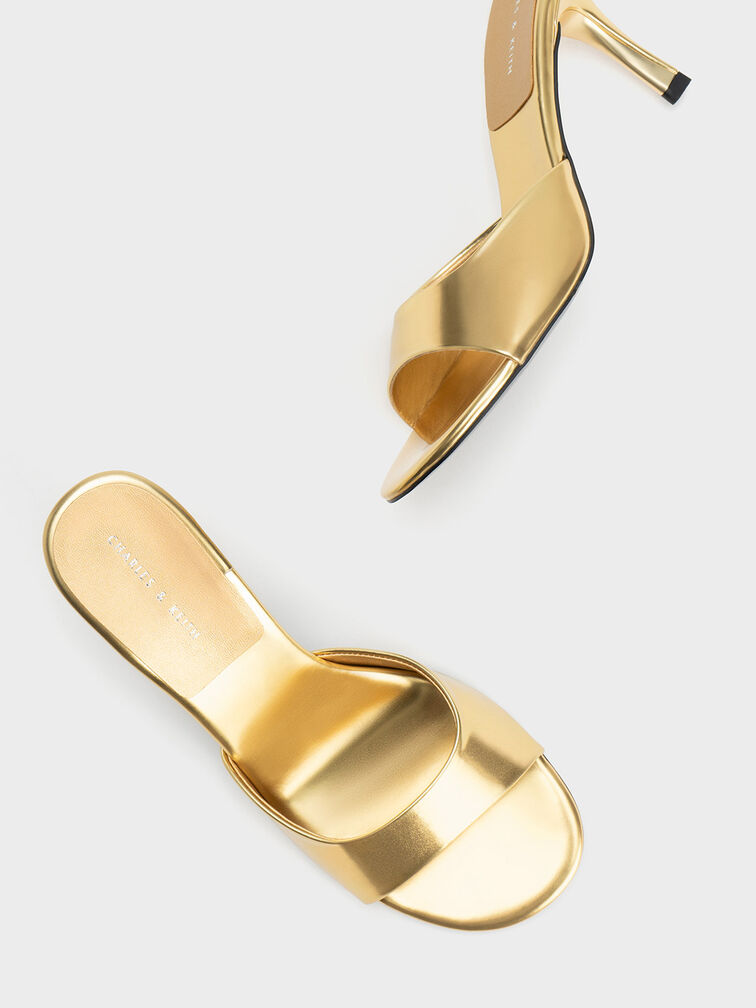 Metallic Round-Toe Sculptural Heel Mules, Gold, hi-res