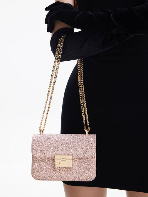 Glittered Push-Lock Chain-Handle Bag, Blush, hi-res