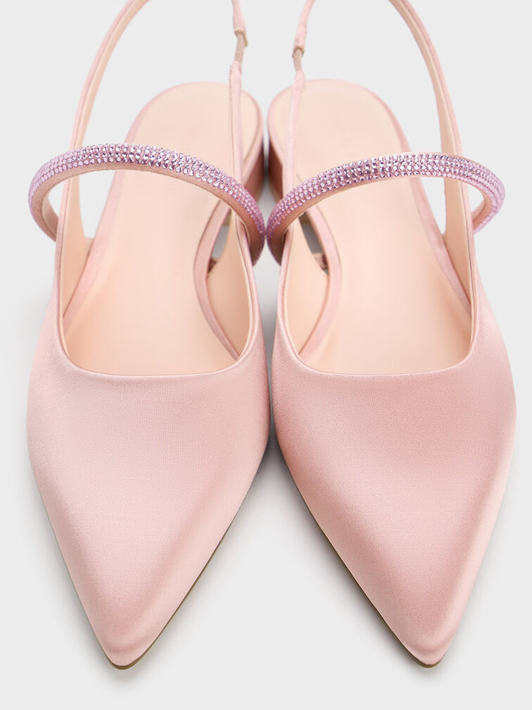 Satin Crystal-Strap Pointed-Toe Slingback Flats, Light Pink, hi-res
