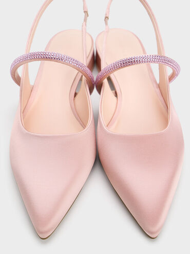 Satin Crystal-Strap Pointed-Toe Slingback Flats, Light Pink, hi-res