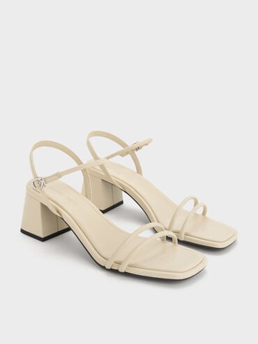 Strappy Trapeze-Heel Sandals, Beige, hi-res