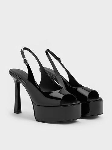 Patent Peep-Toe Stiletto-Heel Platform Sandals, Black Patent, hi-res