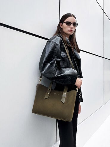 Shania Recycled Suede Tote Bag, Deep Olive, hi-res