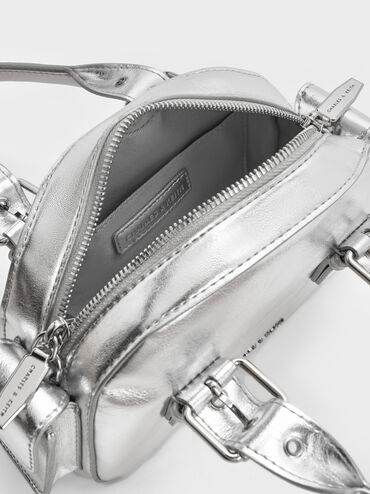 Blaise Metallic Buckle-Strap Side-Pocket Bowling Bag, Silver, hi-res