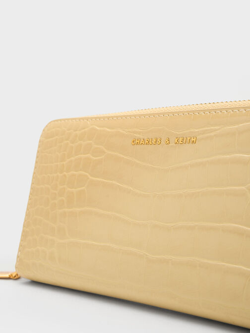 Croc-Embossed Zip-Around Long Wallet, Beige, hi-res