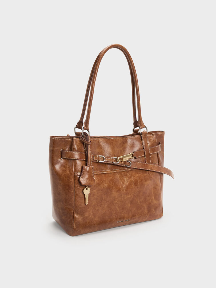 Delfina Belted Tote Bag, Distressed Tan, hi-res