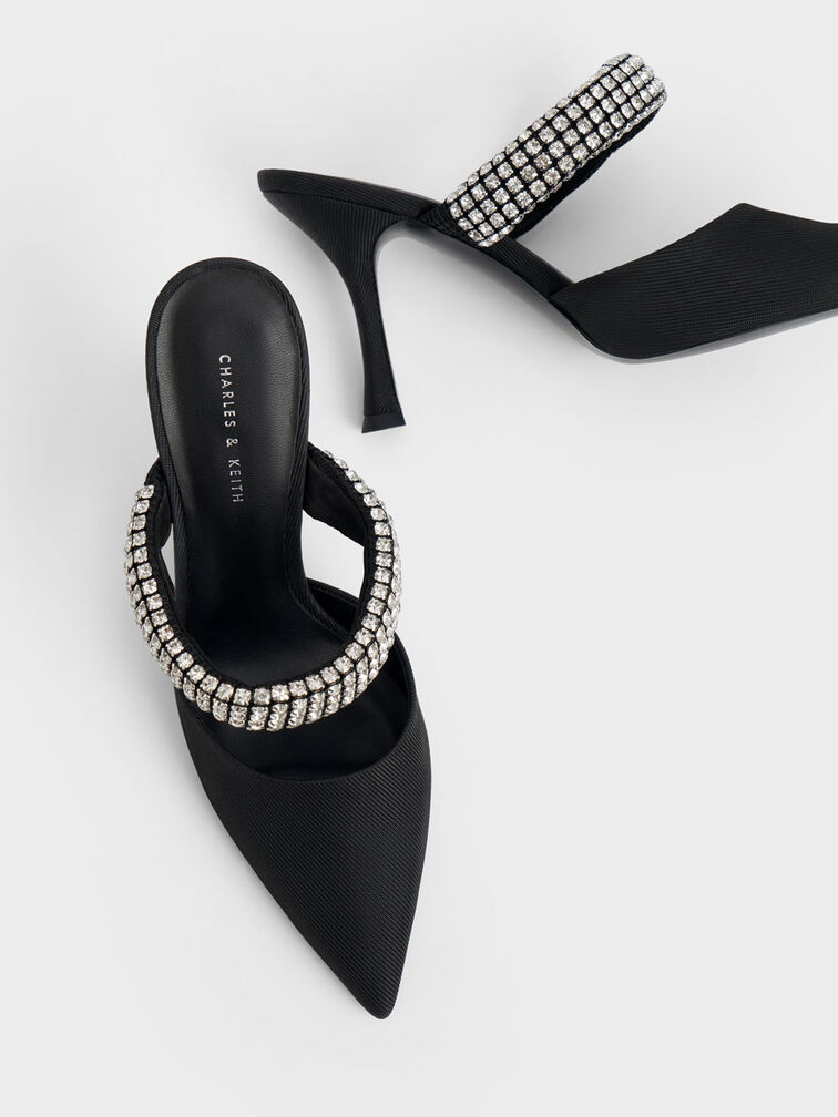 Gem-Embellished Strap Mules, Black, hi-res