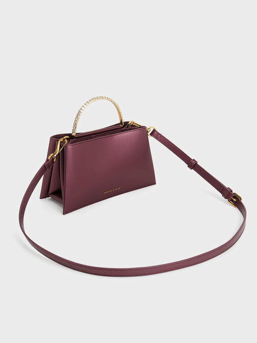 Leather Gem-Embellished Top Handle Bag, Prune, hi-res