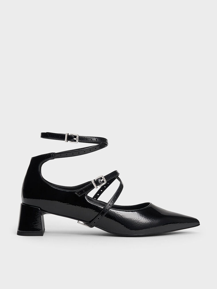 Crinkle-Effect Strappy Buckled Pumps, Black Patent, hi-res