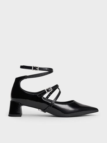 Crinkle-Effect Strappy Buckled Pumps, Black Patent, hi-res