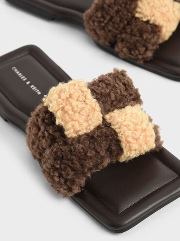 Furry Interwoven Strap Slides, Dark Brown, hi-res