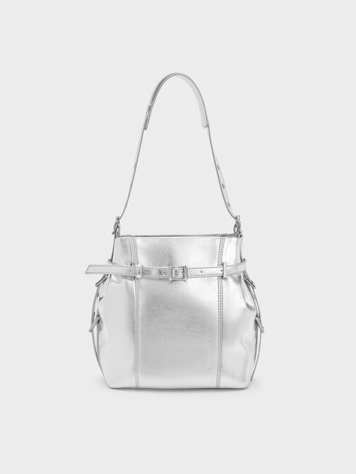 Bryna Metallic Belted Bucket Bag, Silver, hi-res