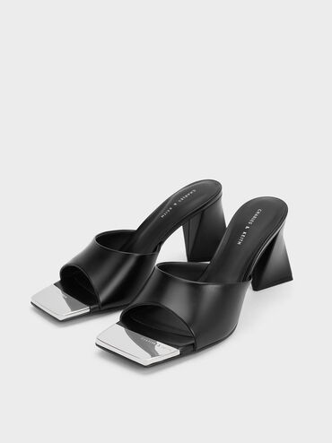 Metallic Cap Sculptural Heel Mules, Black, hi-res