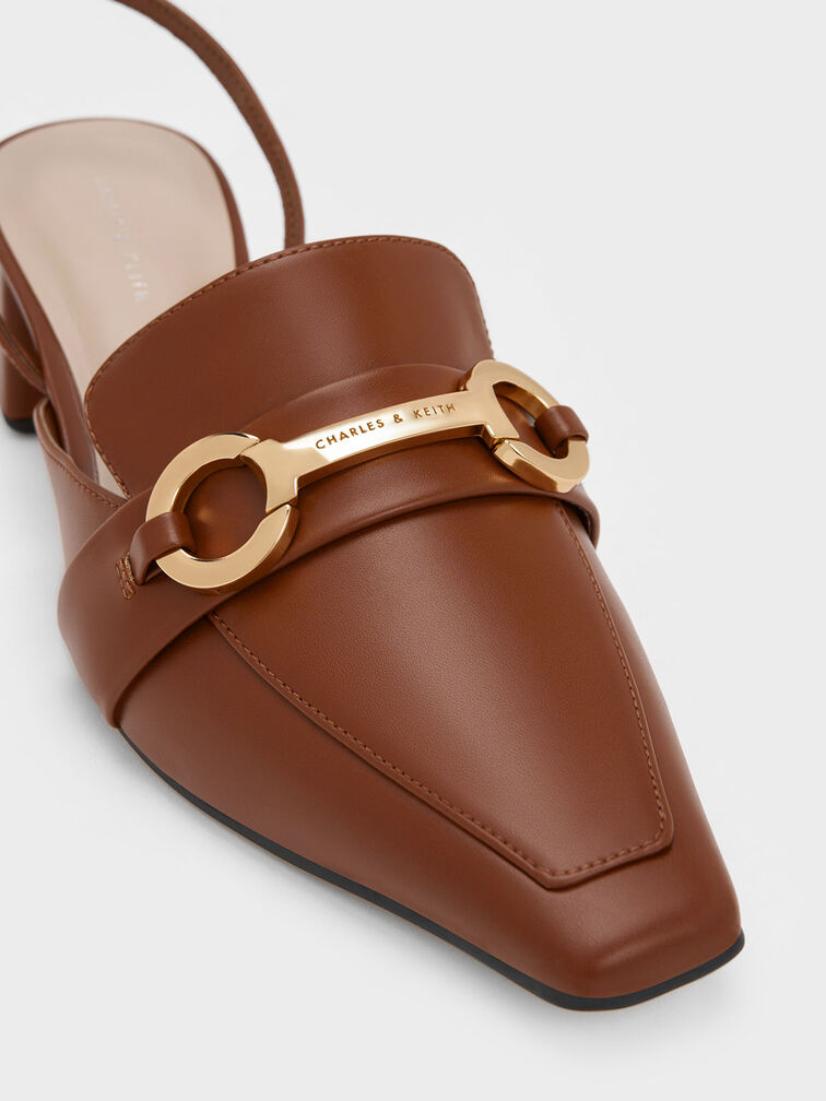 Metallic Bar Slingback Pumps, Cognac, hi-res