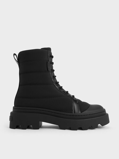 Nylon Puffy Ridged-Sole Boots, Black Textured, hi-res