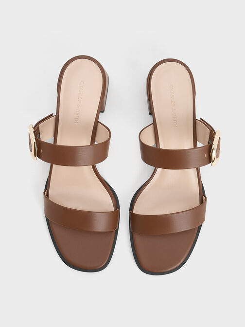 Oval Buckle-Accent Trapeze-Heel Mules, Cognac, hi-res